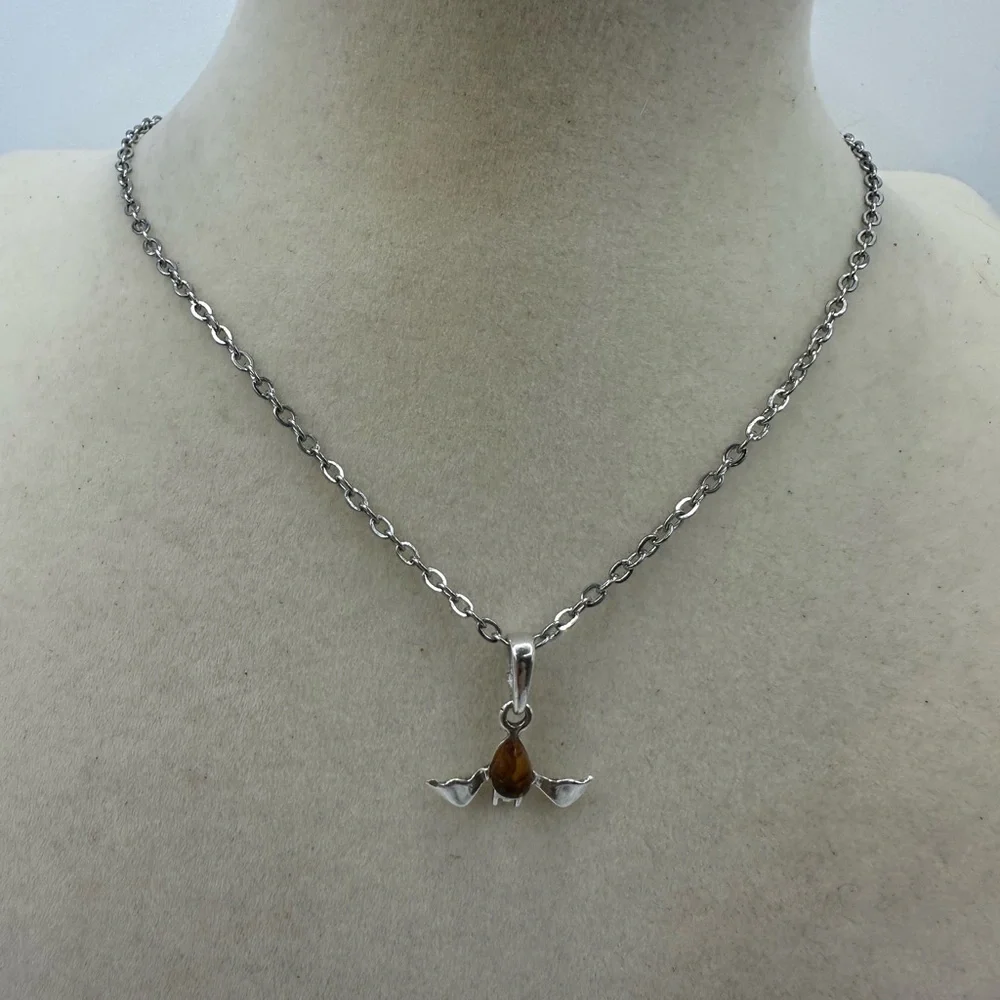 Silver and Amber Bat Pendant on Stainless Steel Chain